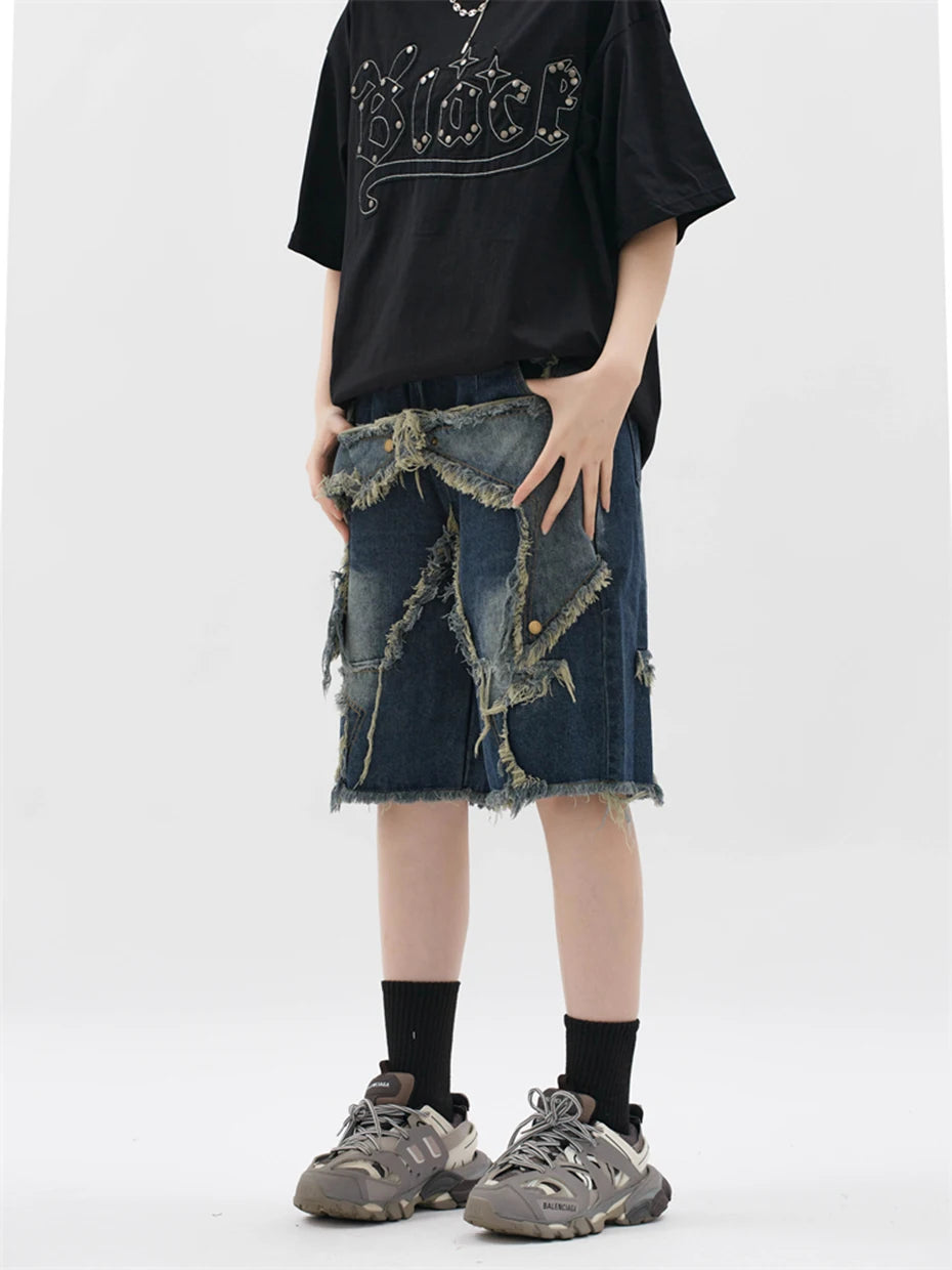 Blue Denim Tassel Star Shorts , - Streetwear Shorts - Slick Street