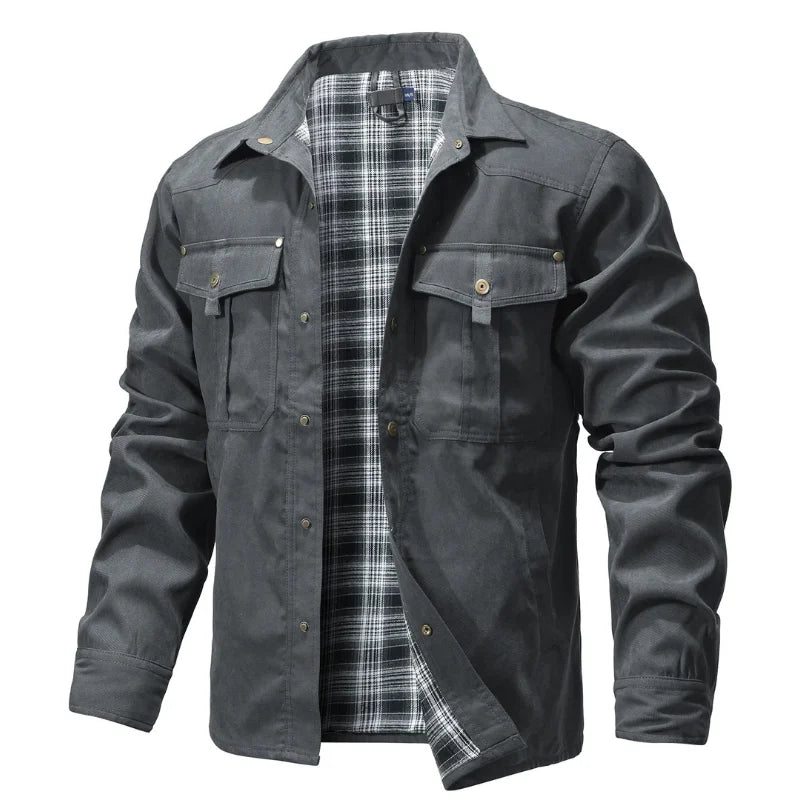 Flannel Lined Plaid Button-Up Jacket Gray, S - Streetwear Jacket - Slick Street
