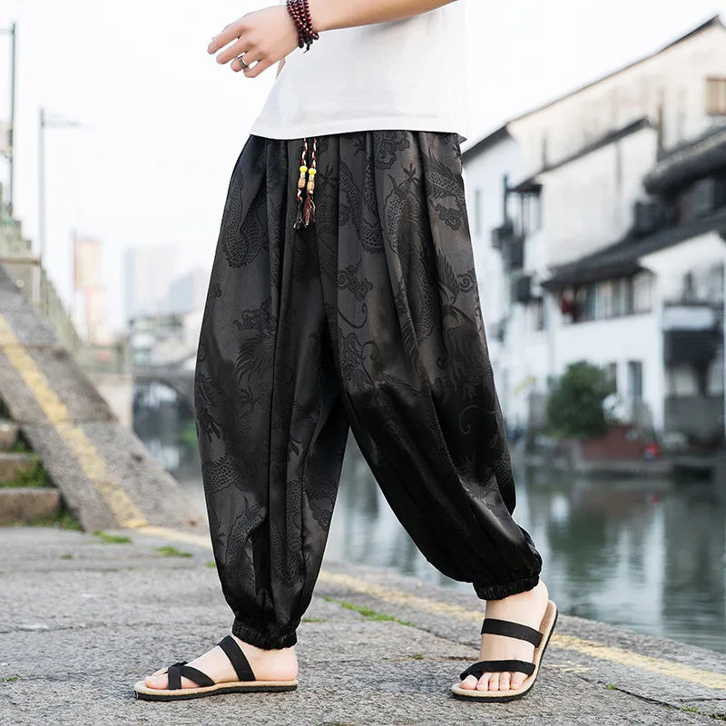 Dragon With Flower Theme Pants Black, L - Streetwear Pants - Slick Street