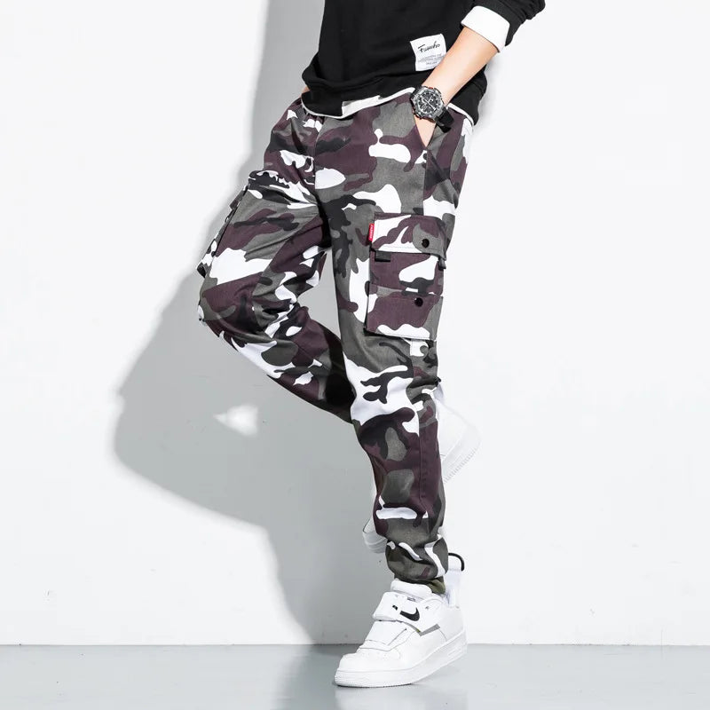 Camouflage Style Cargo Size Pockets Pants White, XS - Streetwear Pants - Slick Street