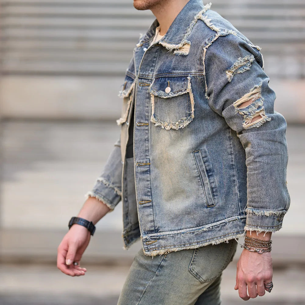 Denim Ripped Button Up Jacket , - Streetwear Jacket - Slick Street
