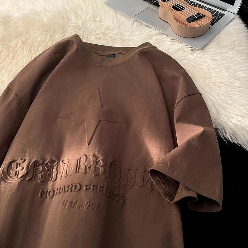 No Hard Feelings Star Polygons Embossed T-shirt Brown, XS - Streetwear T-Shirts - Slick Street