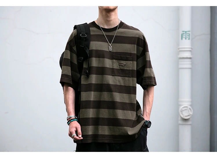 Saturday Striped Cotton T-Shirt , - Streetwear T-Shirt - Slick Street