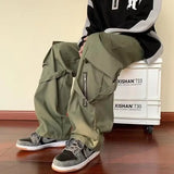 Zipper And Strap Loose Style Pant Green, XS - Streetwear Pants - Slick Street