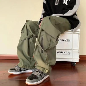 Zipper And Strap Loose Style Pant Green, XS - Streetwear Pants - Slick Street