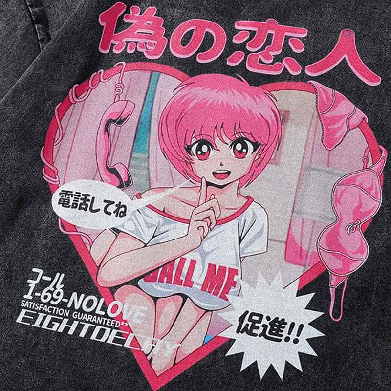 Coal Color Anime Cartoon Girl Loose T-Shirt ,  - Streetwear T-Shirt - Slick Street