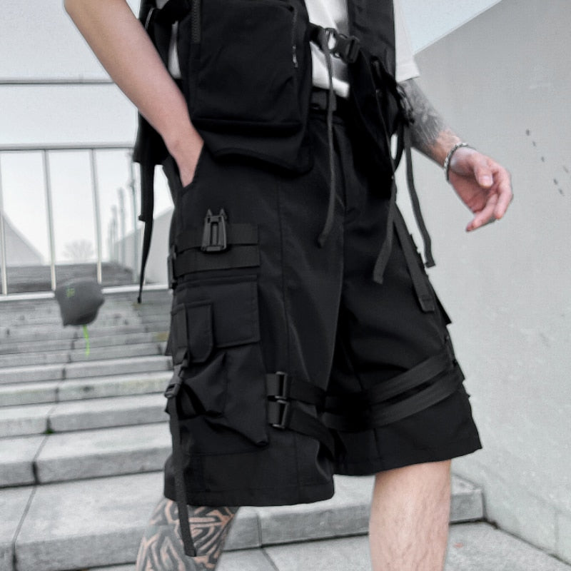 Techwear Multi Pocket Buckles Cargo Shorts Black, XS - Streetwear Shorts - Slick Street