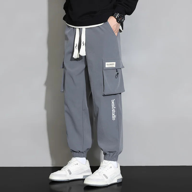 Plain Color Drawstring Knee Cargo Pocket Pants Gray, XS - Streetwear Pants - Slick Street