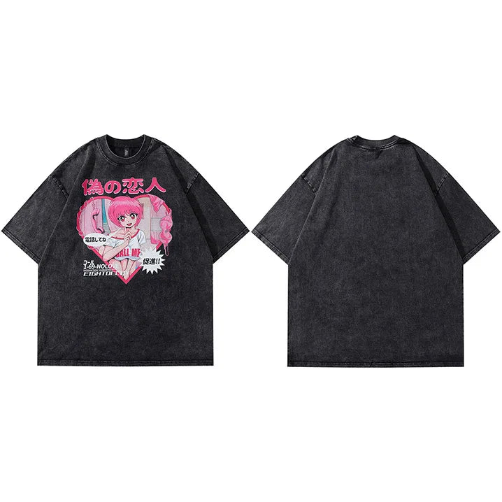Coal Color Anime Cartoon Girl Loose T-Shirt Black, M - Streetwear T-Shirt - Slick Street