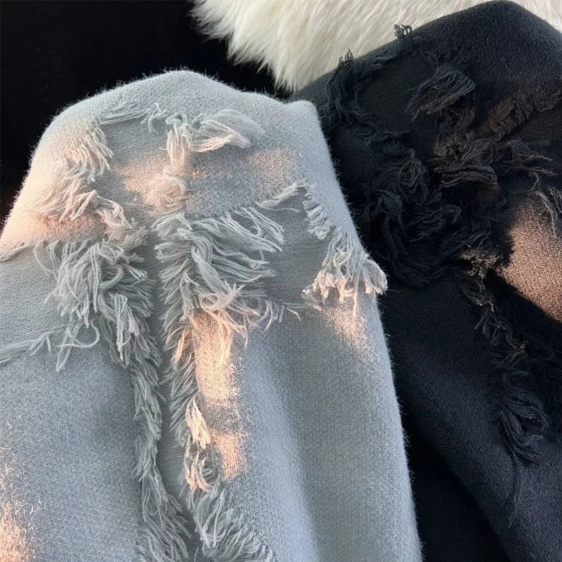 Ripped Y2K Two Shaded Cross Fringed Sweater ,  - Streetwear Sweater - Slick Street