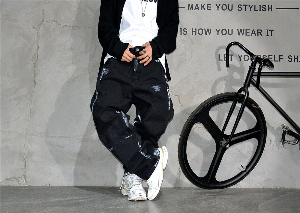 Ebony Black Splash Paint Style Pants , - Streetwear Pants - Slick Street