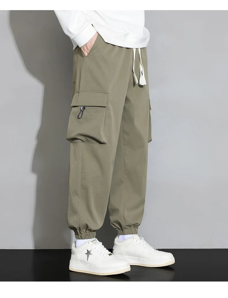 Plain Color Drawstring Knee Cargo Pocket Pants ,  - Streetwear Pants - Slick Street