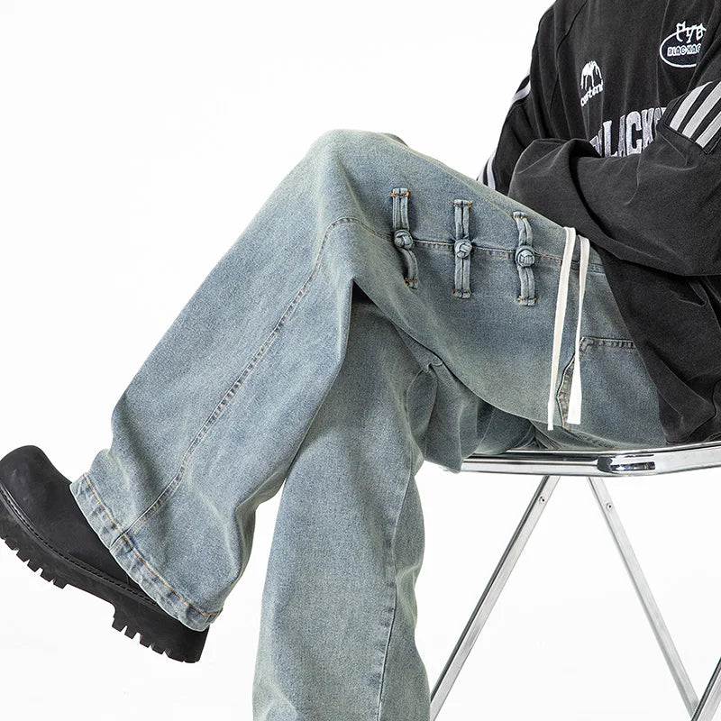 Straight Legs Side Coil Button Pants , - Streetwear Jeans - Slick Street