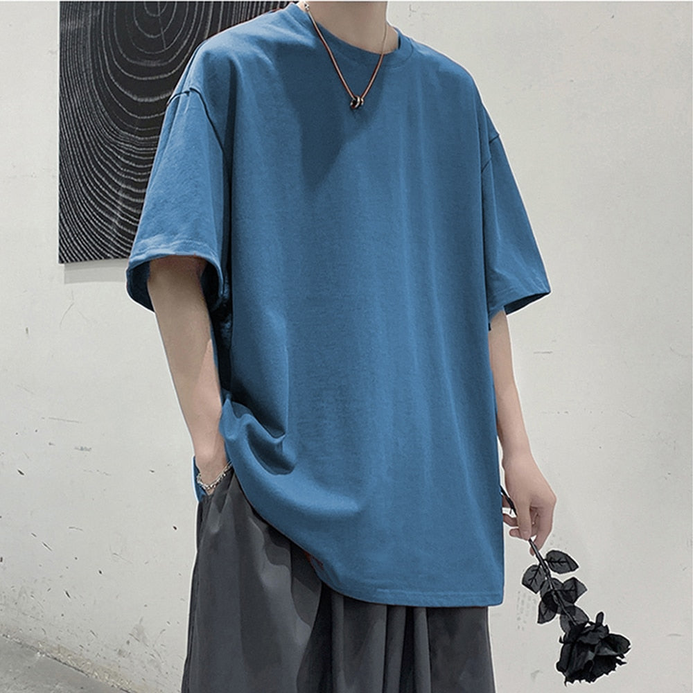 Loose Round Neck Plain T-Shirt Blue, S - Streetwear T-Shirts - Slick Street