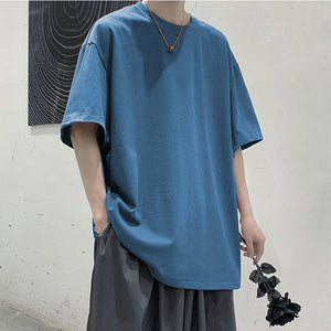 Loose Round Neck Plain T-Shirt Blue, S - Streetwear T-Shirts - Slick Street