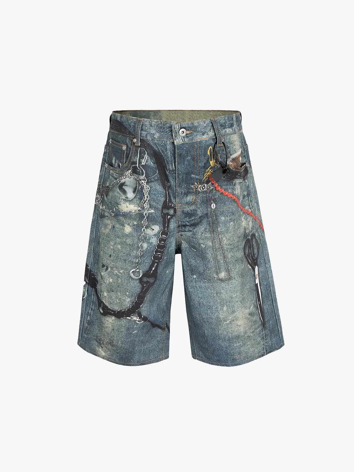 Hanging Keychain Graphic Denim Shorts Green, M - Streetwear Shorts - Slick Street