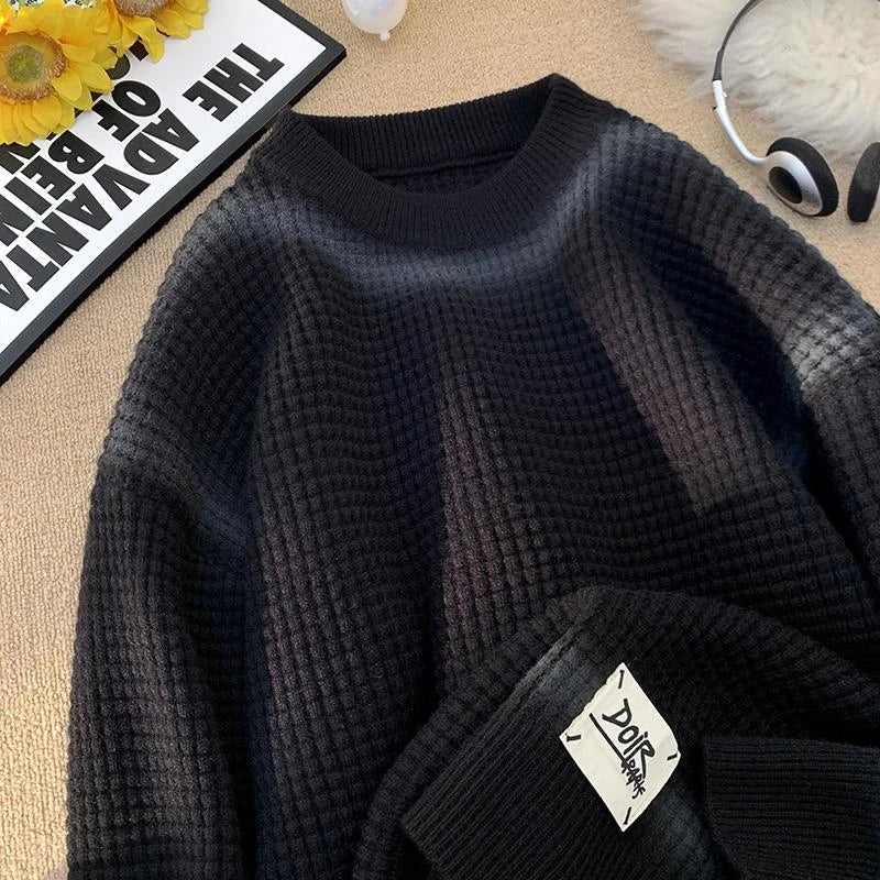 Waffle Knitted Crew Neck Sweater Black, XS - Streetwear Sweater - Slick Street