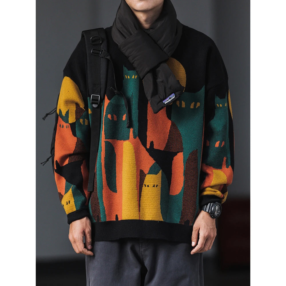 Moonnight Cat Abstract Crew Neck Sweater ,  - Streetwear Sweater - Slick Street