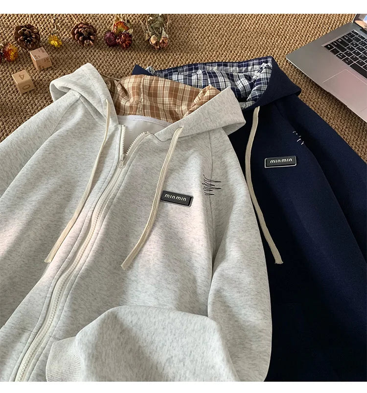 Plain Color Zip-up Loose Hoodie , - Streetwear Hoodie - Slick Street