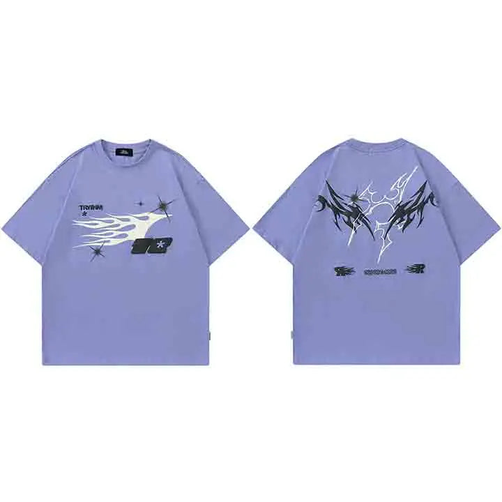 Warrior Fire Flame Graphic Loose T-Shirt Purple, M - Streetwear T-Shirt - Slick Street