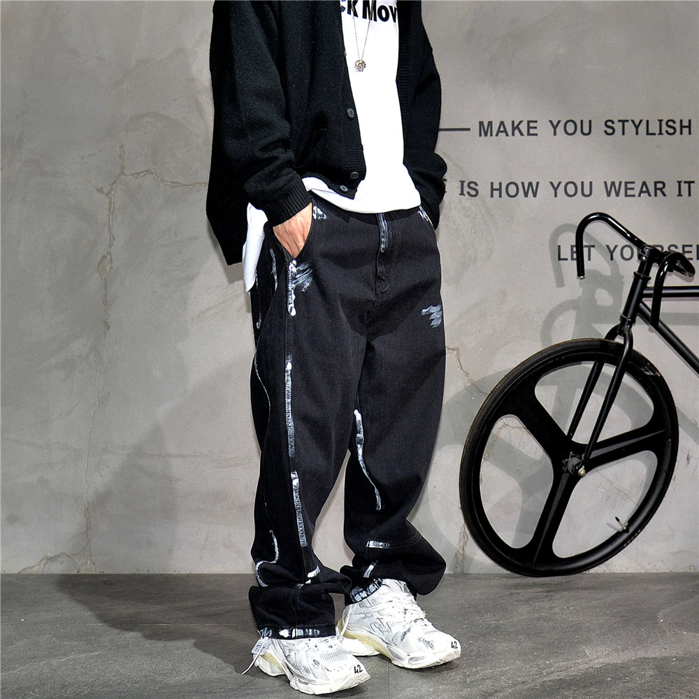 Ebony Black Splash Paint Style Pants , - Streetwear Pants - Slick Street