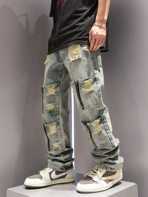 SK5 Multi Zipper Ripped Jeans ,  - Streetwear Pants - Slick Street