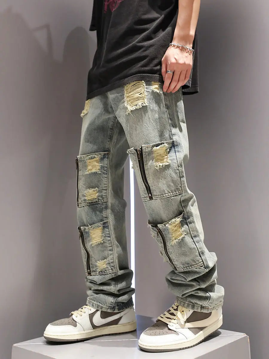 SK5 Multi Zipper Ripped Jeans ,  - Streetwear Pants - Slick Street