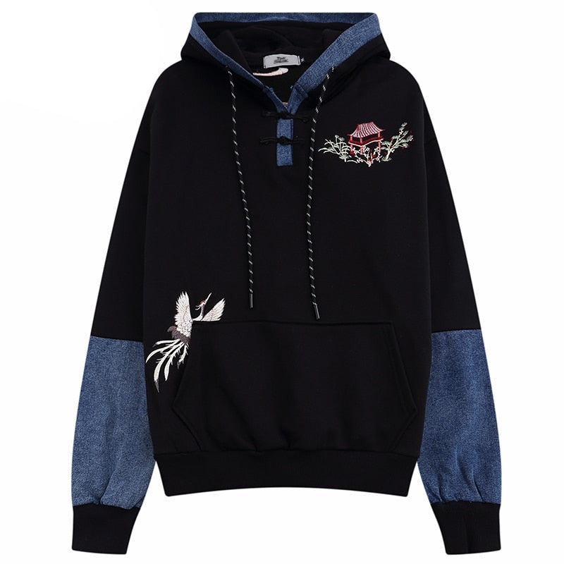 Japanese Minka Crane Bridge Patchwork Hoodie ,  - Streetwear Hoodie - Slick Street