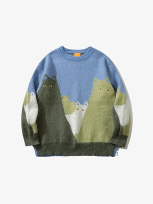 Cat Graphic Knitted Sweater blue, XS - Streetwear Sweatshirts - Slick Street