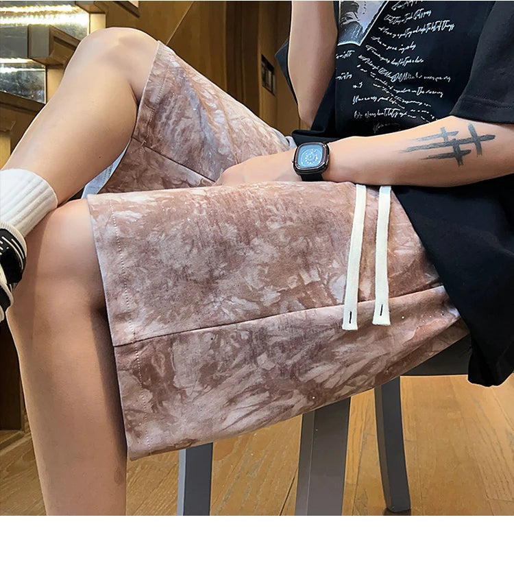 Tie-Dye Denim Texture Knee Length Shorts ,  - Streetwear Shorts - Slick Street