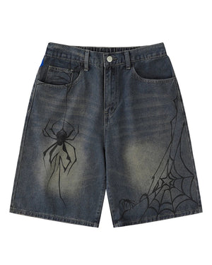 Nodok Spider Cobweb Blue Jean Shorts , - Streetwear Shorts - Slick Street