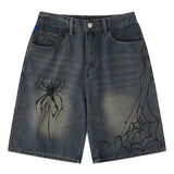 Nodok Spider Cobweb Blue Jean Shorts Blue, S - Streetwear Shorts - Slick Street