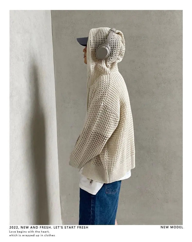 Hollow Knitted Cardigan Long Sleeve Hooded ,  - Streetwear Hoodie - Slick Street