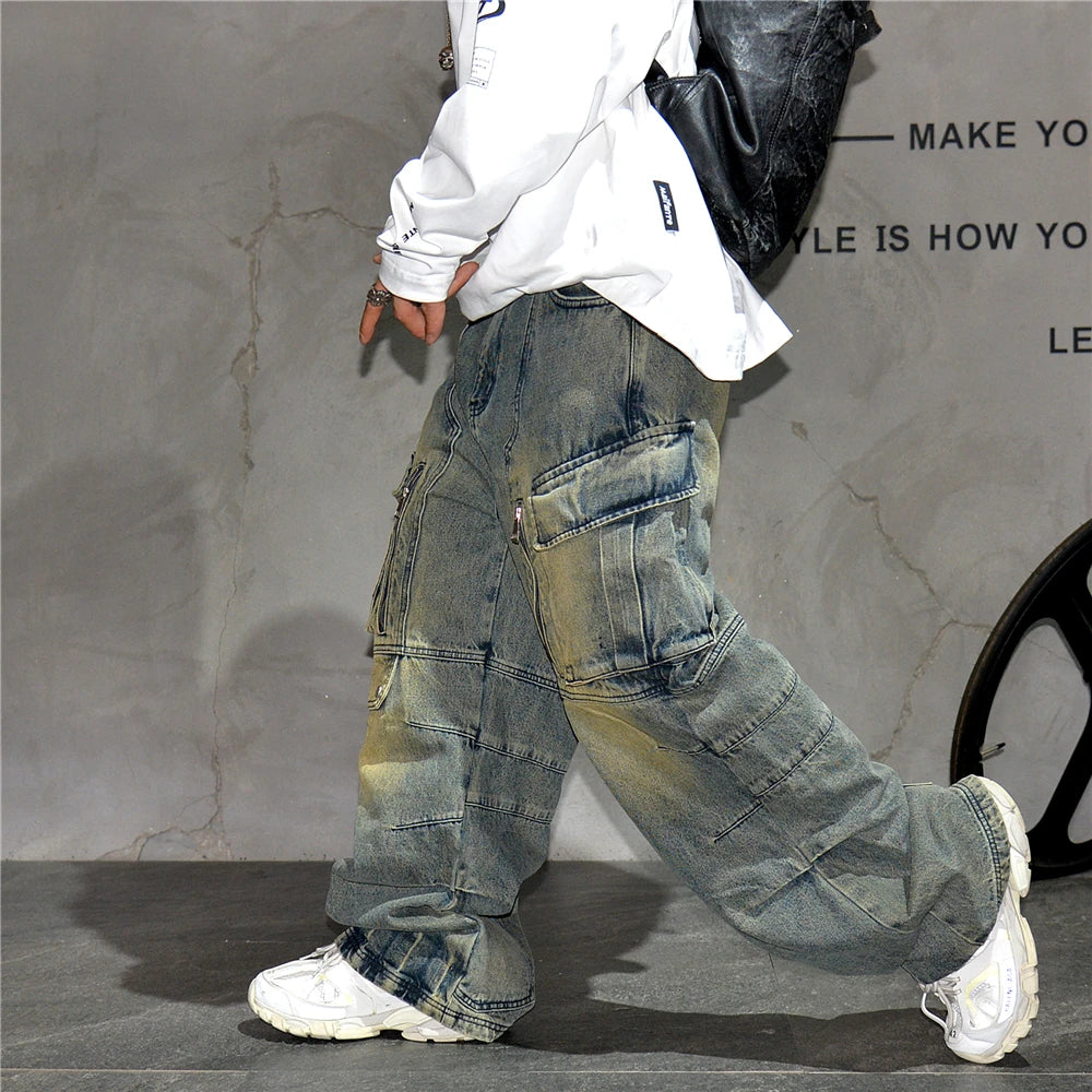 Distressed Denim Cargo Pants , - Streetwear - Slick Street