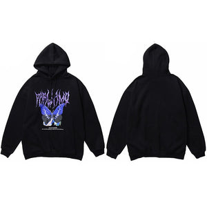 Blue Morpho Butterfly Pullover Hoodie Black, M - Streetwear Hoodie - Slick Street