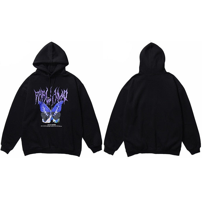Blue Morpho Butterfly Pullover Hoodie Black, M - Streetwear Hoodie - Slick Street