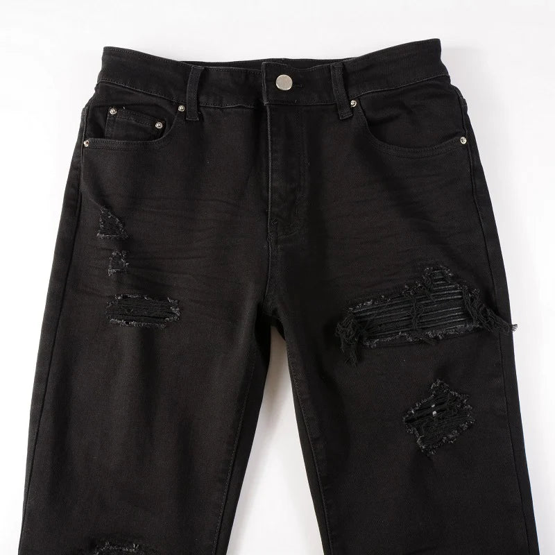 Black Distressed Tapered Skinny Pants , - Streetwear Pants - Slick Street