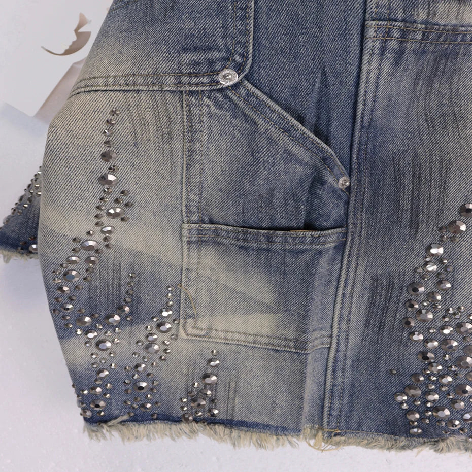 Fire Diamond Denim Rhinestone Shorts , - Streetwear Shorts - Slick Street