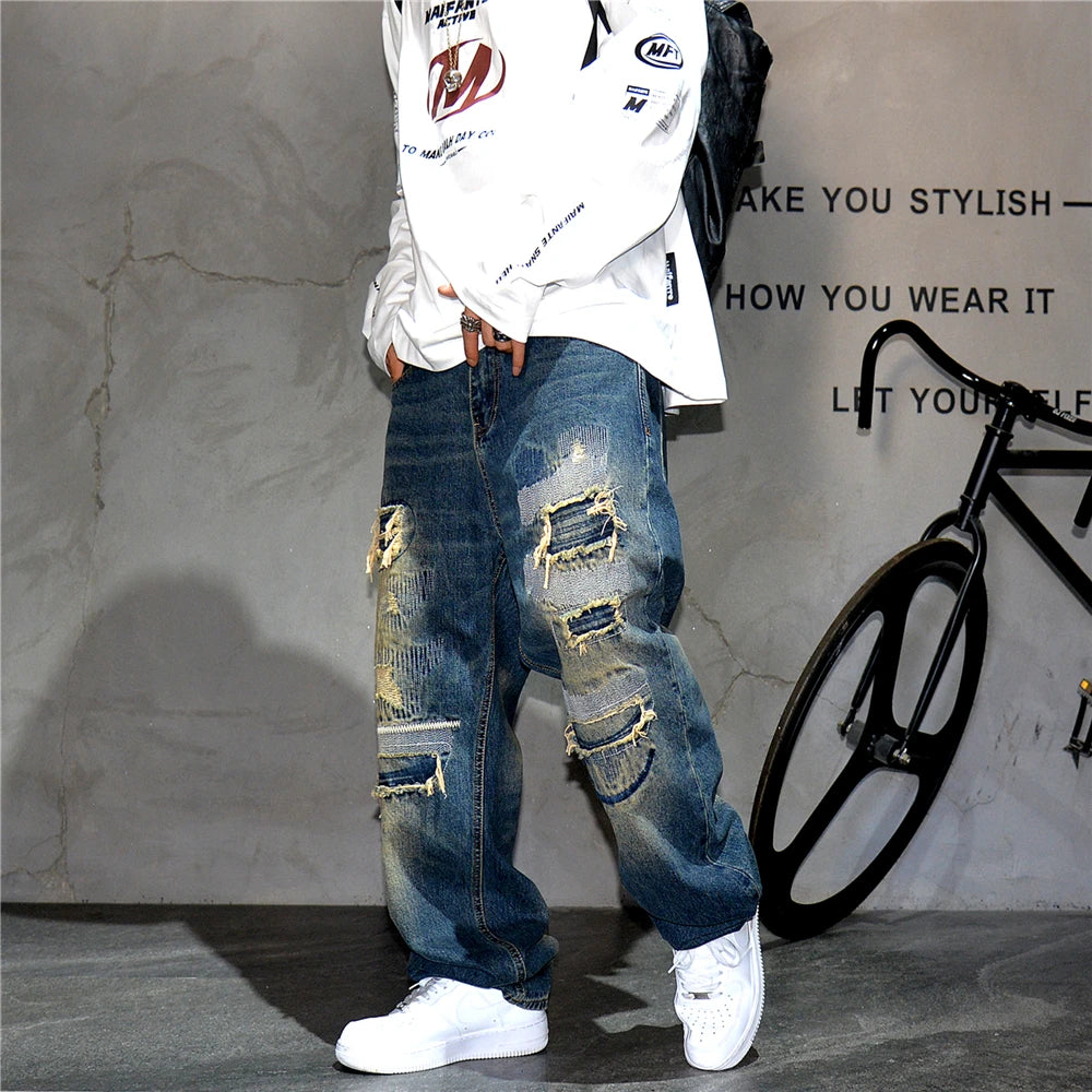 AM26 Ripped Patch Washed Jeans , - Streetwear Jeans - Slick Street