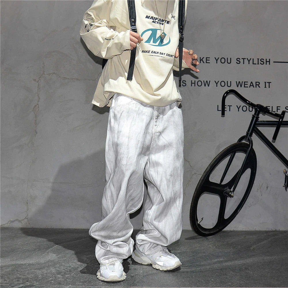 Distressed Dirty White Baggy Pants , - Streetwear Pants - Slick Street