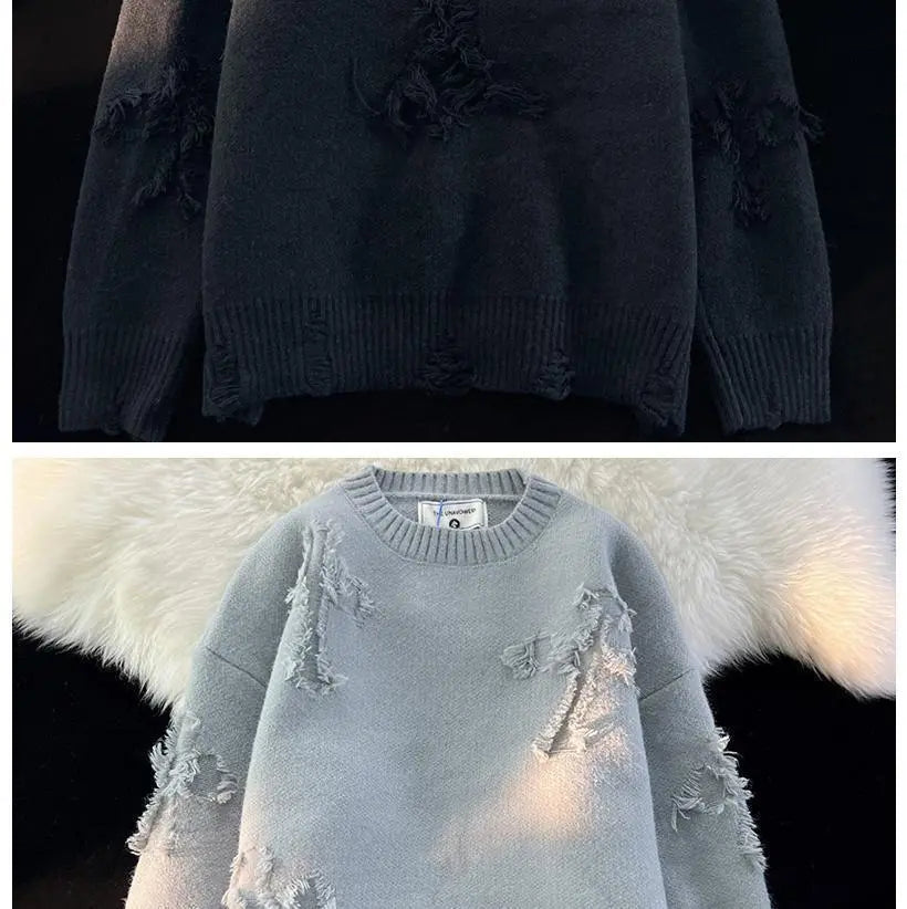 Ripped Y2K Two Shaded Cross Fringed Sweater ,  - Streetwear Sweater - Slick Street