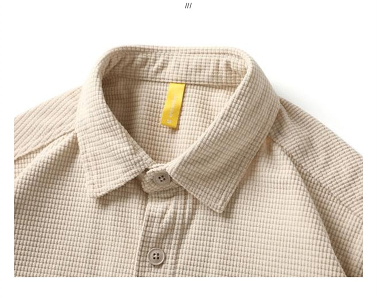 Corduroy Waffle Plaid Semi Collar Overshirt ,  - Streetwear Tops - Slick Street