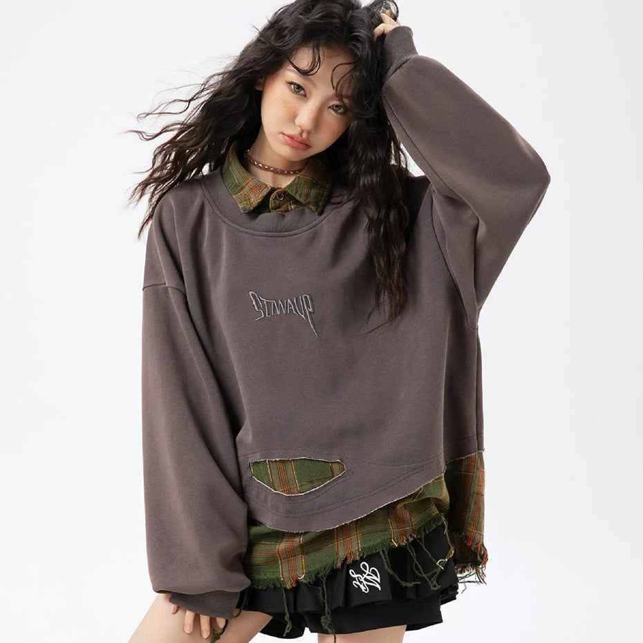 False Two Pieces Plaid Pullover Sweatshirt , - Streetwear Sweatshirt - Slick Street