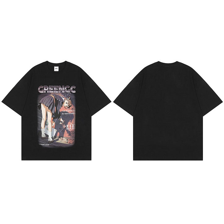 GREENGC Killer Girl Shooter Anime T-Shirt Black, M - Streetwear T-Shirt - Slick Street