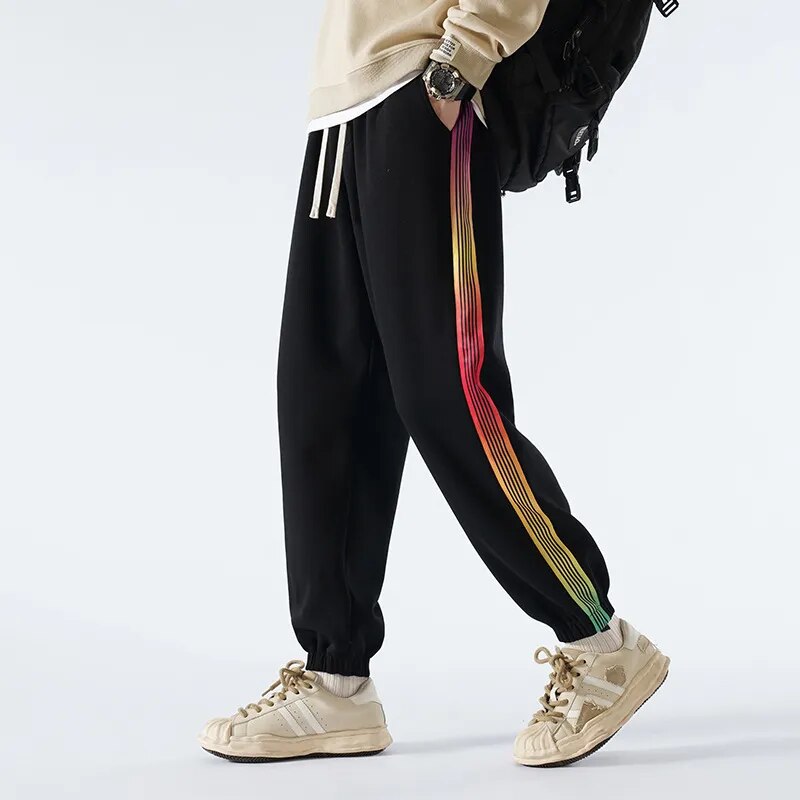 Rainbow Color Stripe Jogger Pants Black, XS - Streetwear Pants - Slick Street