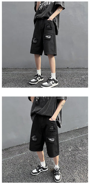 Ripped Hole Patchwork Knee Length Shorts ,  - Streetwear Shorts - Slick Street