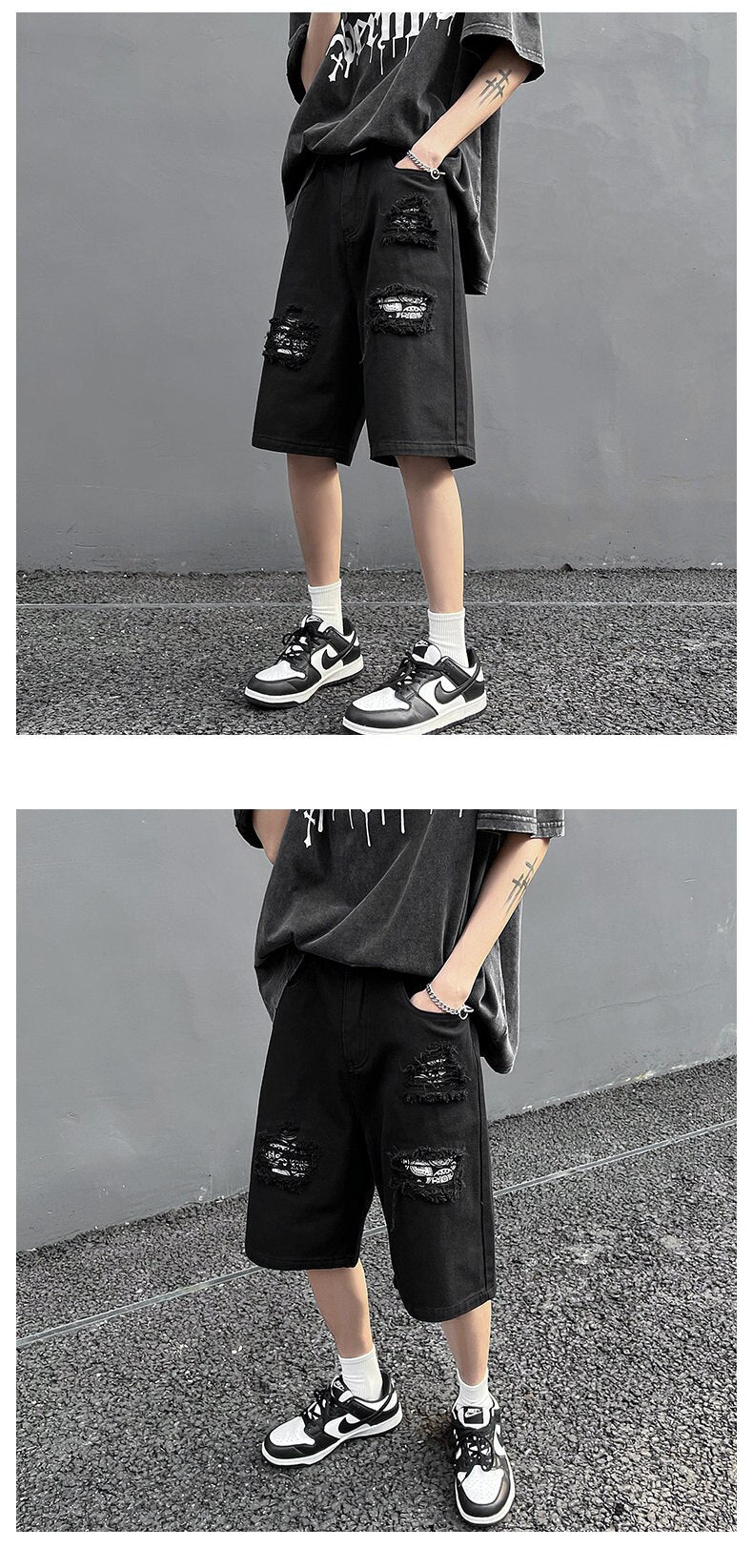 Ripped Hole Patchwork Knee Length Shorts ,  - Streetwear Shorts - Slick Street