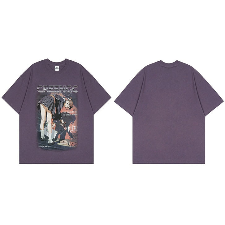GREENGC Killer Girl Shooter Anime T-Shirt Purple, M - Streetwear T-Shirts - Slick Street