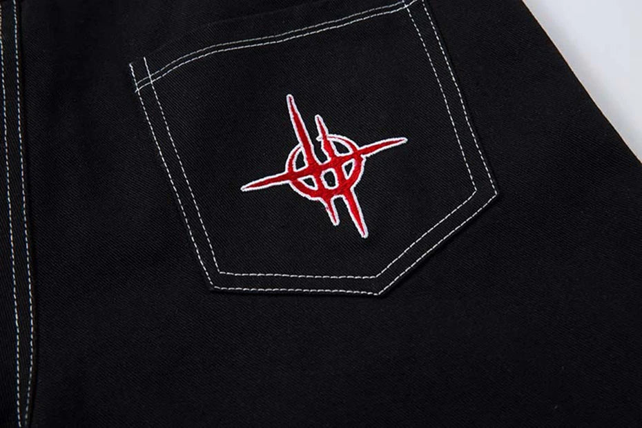 Flame Embroidery Straight Leg Pants , - Streetwear Pants - Slick Street