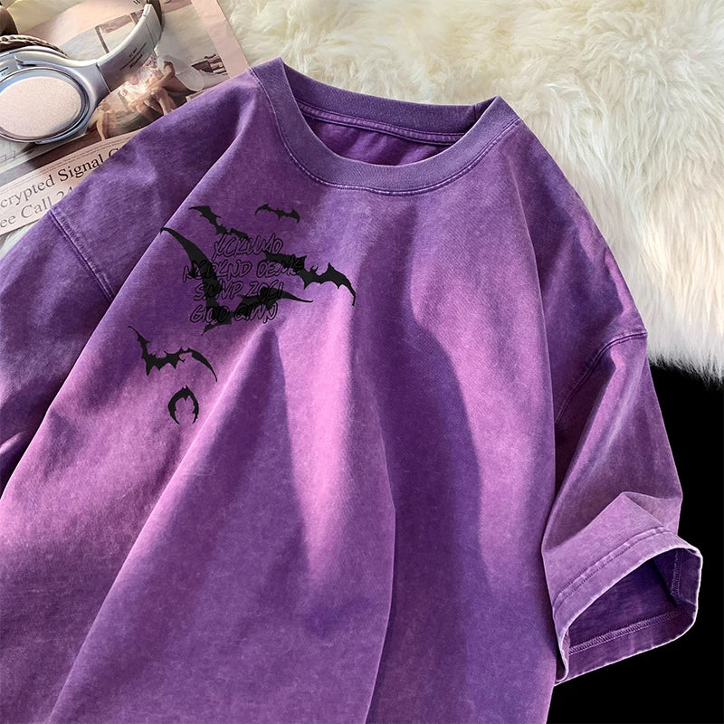 Flying Bat Graphic Gothic Washed Corduroy T-Shirt Purple, XS - Streetwear T-Shirt - Slick Street